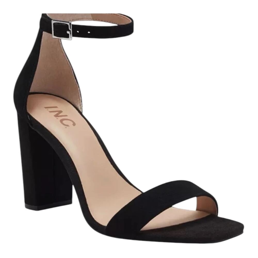 INC Women's Lexini Suede Two Piece Block Heel Sandals Black Size 6 1/2
